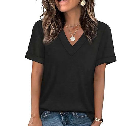 👕✨🌸T-shirt Décontracté à Manches Courtes et Col en V pour Femme – Tissu Polyester Premium, Coupe Détendue (8 Couleurs, S-2XL)