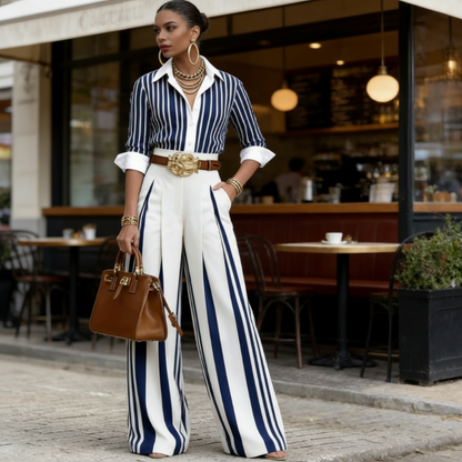 🎁Nouveauté : 61 % de réduction 💥 Ensemble 2 pièces pour femme : chemise rayée et pantalon large👔👖