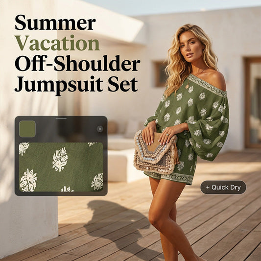 👒 PROMO LIMITÉE 52% DE RÉDUCTION ! 💃 Ensemble Combishort Bohème Imprimé – Épaules Dénudées, Tissu Respirant & Taille Élastique 🌸