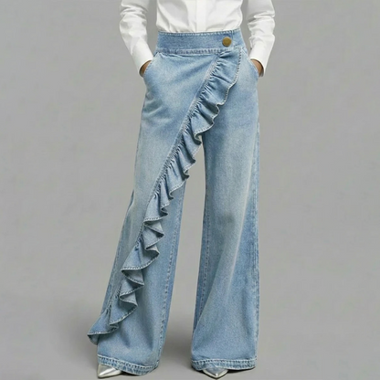 👖 OFFRE EXCLUSIVE : 60% DE RÉDUCTION ! 💃 Pantalon Denim Large à Volants Asymétriques – Coupe Taille Haute, Style Bohème & Tissu de Qualité 🌸