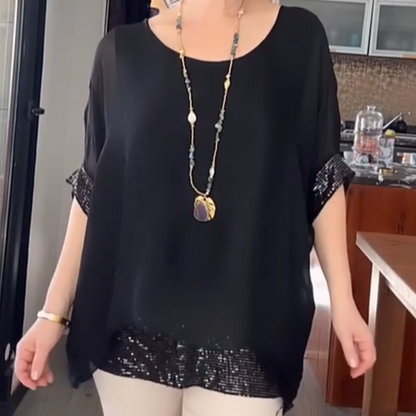 👚✨✈️ PROMO -54% ! Haut Décontracté à Col Rond pour Femme – Tissu Doux, Paillettes & 2 Couleurs (S-3XL)