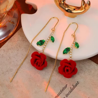 🌹✨💎 PROMO -53% ! Boucles d'Oreilles Rose Rouge avec Tige en Cristal – Style Threader, Micro-Incrustation & Design Romantique (Or avec Vert)