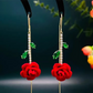 🌹✨💎 PROMO -53% ! Boucles d'Oreilles Rose Rouge avec Tige en Cristal – Style Threader, Micro-Incrustation & Design Romantique (Or avec Vert)