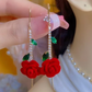 🌹✨💎 PROMO -53% ! Boucles d'Oreilles Rose Rouge avec Tige en Cristal – Style Threader, Micro-Incrustation & Design Romantique (Or avec Vert)