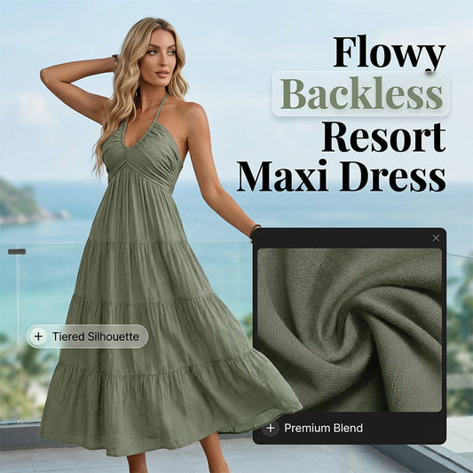 👗57 % de réduction + livraison gratuite à partir de 2 articles ! 🚚💨Robe longue à volants, dos nu et col licou pour femme