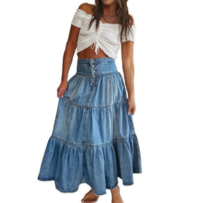 💙 60% DE RÉDUCTION ! 👗 Jupe Maxi en Denim Évasée à Taille Haute pour Femme – Silhouette flatteuse, chic effortless & parfaite au quotidien 🌿