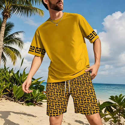 📢📢50 % DE RÉDUCTION !! ⏰👕Ensemble de survêtement à manches courtes pour homme, imprimé graphique jaune