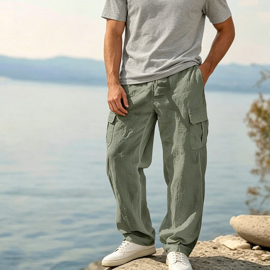 👖🌿 PROMO FLASH 60% ! Pantalon Cargo Homme Coton & Lin – Coupe Loose, Respirant, Poches Multiples, Taille Cordon, 6 Couleurs, 6 Tailles, Parfait Été 🍃