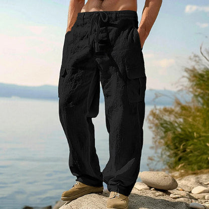 👖🌿 PROMO FLASH 60% ! Pantalon Cargo Homme Coton & Lin – Coupe Loose, Respirant, Poches Multiples, Taille Cordon, 6 Couleurs, 6 Tailles, Parfait Été 🍃