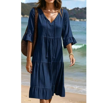 💃 50 % DE RÉDUCTION 🔥 Robe mi-longue pour femme à encolure en V, pompons et jupe évasée – élégante, fantaisiste et parfaite pour toutes les occasions ✨