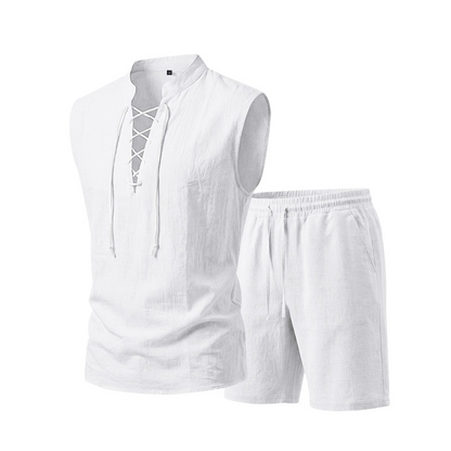 👕☀️ PROMO FLASH 54% ! Ensemble Homme en Lin – Haut sans Manches Lacé & Short, Tissu Respirant Naturel, 7 Couleurs, Style Bohème Chic & Vacances ✨