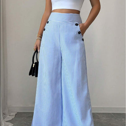 👖✨ PROMO LIMITÉE 50% DE RÉDUCTION ! Pantalon Taille Haute à Jambes Larges – Rayures Verticales Bleu & Blanc, Coupe Élégante, Bouts Décoratifs, Parfait pour Occasions Décontractées & Chic 🍃