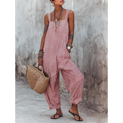 👗🌊 PROMO FLASH 50% ! Combinaison Rayée à Bretelles Fines pour Femme – Tissu Coton Léger, Coupe Détendue, 3 Couleurs, Parfaite pour Plage & Vacances ☀️