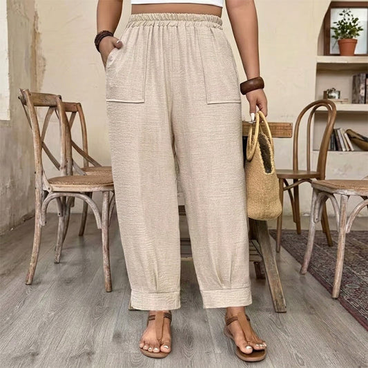 👖 PROMO LIMITÉE 57% DE RÉDUCTION ! ✨ Pantalon Femme Casual à Chevilles Retroussées – Ceinture Élastique, Coupe Ample, Poches Plaquées 🌿