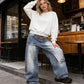 👖 57% DE RÉDUCTION 💙 Jean femme taille asymétrique jambe large – Coupe 3D, lavage décoloré & silhouette ultra large – Tailles S-2XL – idéal streetwear ou mode affirmée ✨