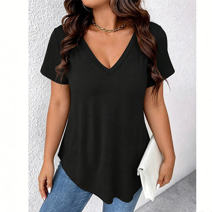 👕 PROMO LIMITÉE 50% DE RÉDUCTION ! 💥 T-Shirt Femme Col V Manches Courtes – Coupe Décontractée, Ourlet Courbé, Polyvalent ✨