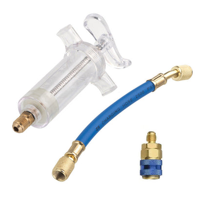 🔧❄️ PROMO -60% ! Injecteur Colorant & Huile Climatisation Auto – Laiton Premium Haute Résistance, Tuyau 2500 PSI, Raccord Rapide R134a, Corps Transparent Gradué · 230g ✨