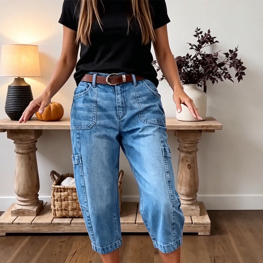 📢👖 PROMO FLASH 61% ! Pantalon Jean Court Extensible Femme – Coupe Barrel Décontractée, Taille Mi-Haute, Poches Multiples, 2 Coloris, Tailles S-3XL, Idéal Quotidien ✨