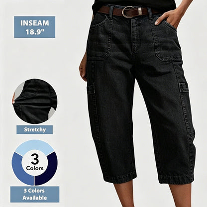 📢👖 PROMO FLASH 61% ! Pantalon Jean Court Extensible Femme – Coupe Barrel Décontractée, Taille Mi-Haute, Poches Multiples, 2 Coloris, Tailles S-3XL, Idéal Quotidien ✨