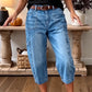 📢👖 PROMO FLASH 61% ! Pantalon Jean Court Extensible Femme – Coupe Barrel Décontractée, Taille Mi-Haute, Poches Multiples, 2 Coloris, Tailles S-3XL, Idéal Quotidien ✨