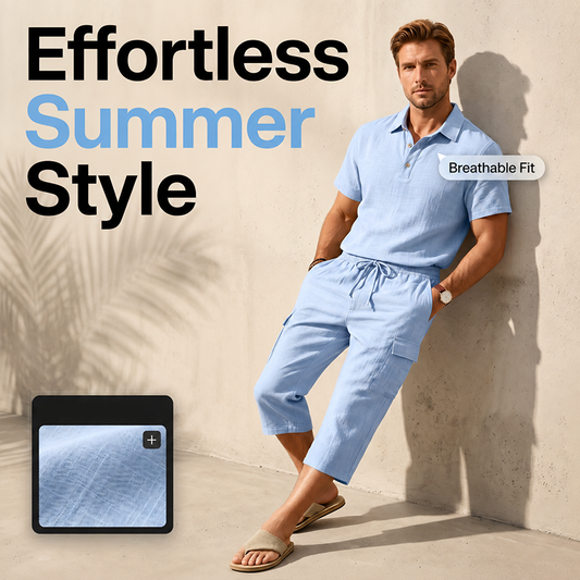 👔 PROMO EXCEPTIONNELLE 54% DE RÉDUCTION ! ☀️ Ensemble Lin Homme Été – Chemise Ample & Short Cargo – Respirant & Élégant – Parfait pour les Journées Chaudes et les Sorties Décontractées 🌊✨🩳