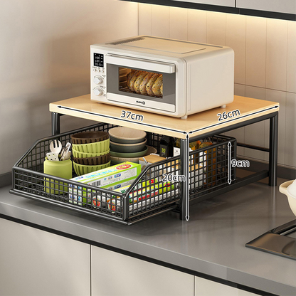 📢📢58% DE RÉDUCTION !! ⏰  Support Micro-Ondes 2 niveaux avec tiroir coulissant – Gain de place, étagère surélevée & panier intégré – Idéal pour cuisine, café & dortoir ✨